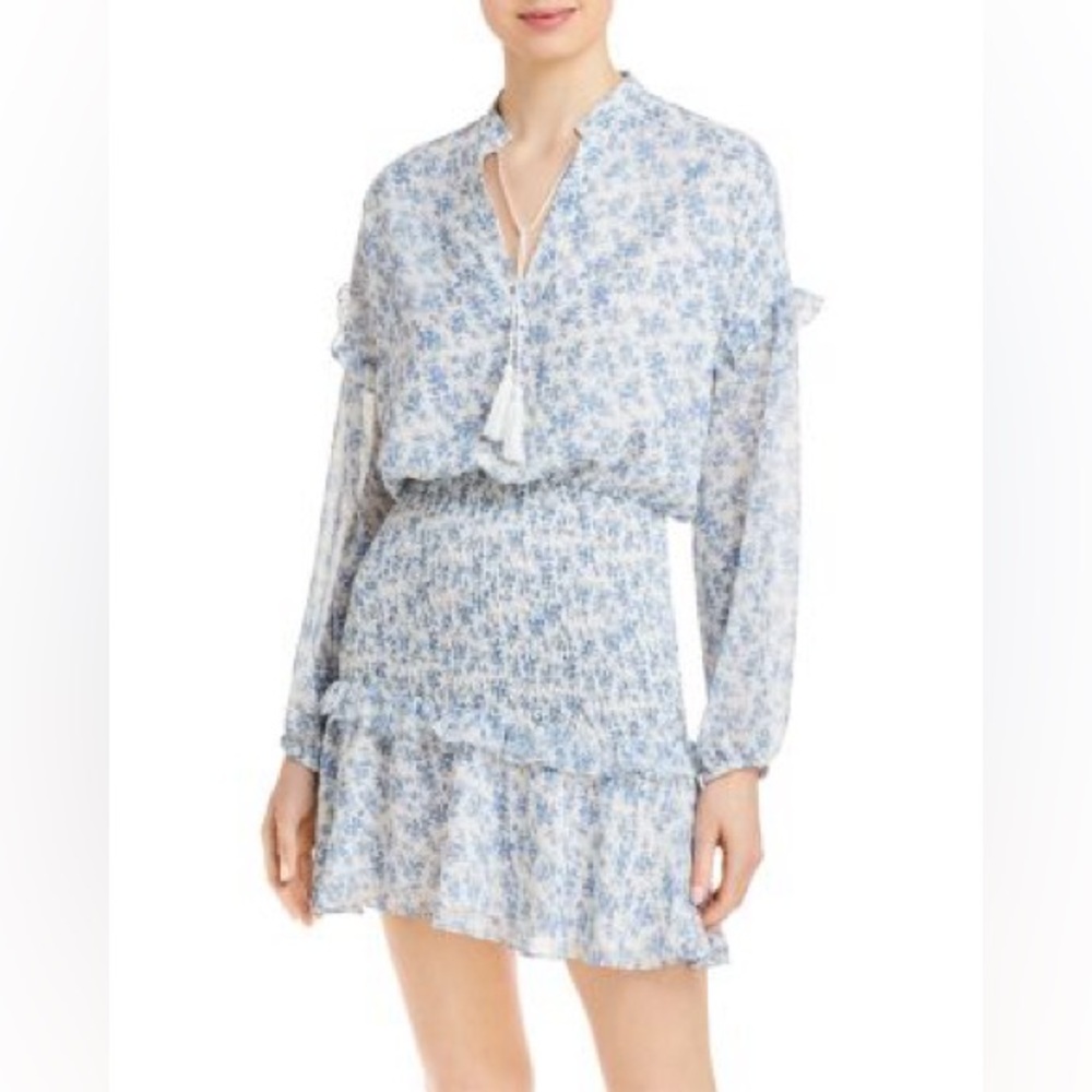 AQUA Long Sleeve Smocked Mini Dress Floral Blue and White Women’s Size XS